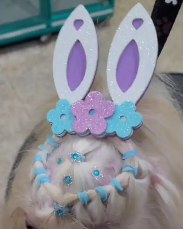 Cristal com penteado de tranças e orelhinhas de coelho na Páscoa